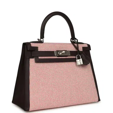 HERMÈS Hermes Quadrille Kelly Sellier 28 Rouge Sellier Swift and Ecru, White and Fambroise Toile Palladium Hardware | Thumbnail 2