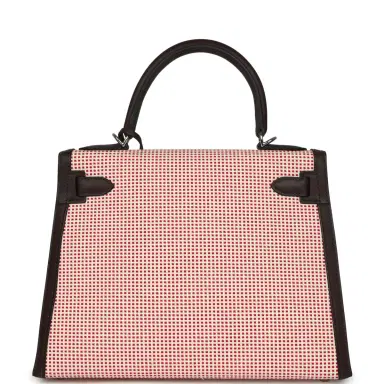 HERMÈS Hermes Quadrille Kelly Sellier 28 Rouge Sellier Swift and Ecru, White and Fambroise Toile Palladium Hardware | Thumbnail 4