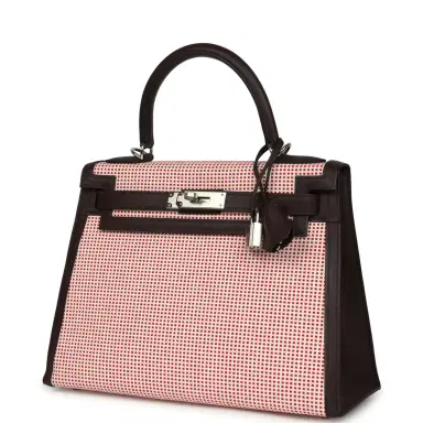 HERMÈS Hermes Quadrille Kelly Sellier 28 Rouge Sellier Swift and Ecru, White and Fambroise Toile Palladium Hardware | Thumbnail 5