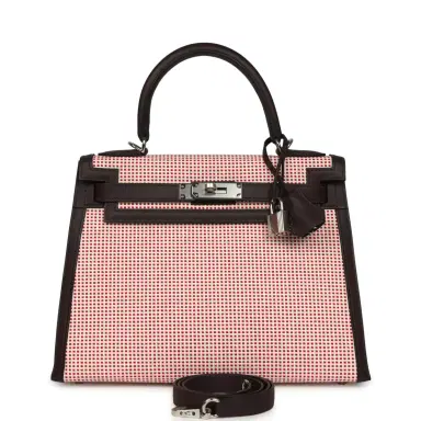 HERMÈS Hermes Quadrille Kelly Sellier 28 Rouge Sellier Swift and Ecru, White and Fambroise Toile Palladium Hardware | Thumbnail 1