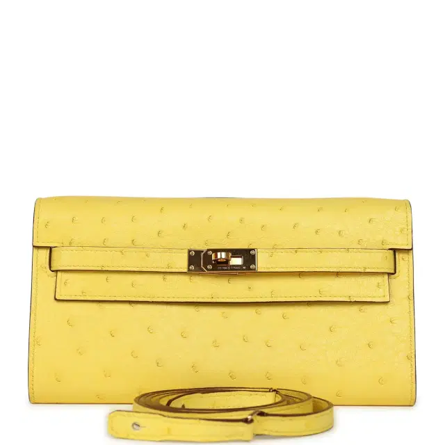 hermes Pre-owned Hermes Kelly Wallet To Go Jaune Citron Ostrich Rose Gold Hardware