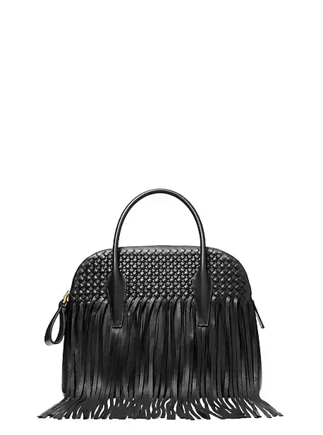 Michael Kors Collection Kaitlin Large Fringed Woven Leather Dome Satchel