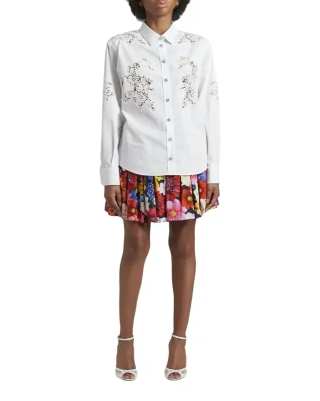 Lace Insert Poplin Shirt w/ Crystal Buttons