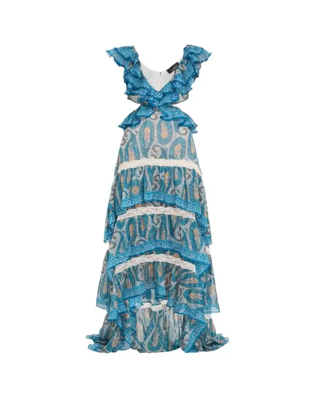 Ruffled Tiered Paisley-Print High-Low Maxi Dress