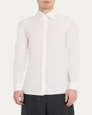 Valentino Garavani Men's Solid Cotton Hidden-Placket Sport Shirt | Thumbnail 4 Valentino Garavani Men's Solid Cotton Hidden-Placket Sport Shirt | Thumbnail 4