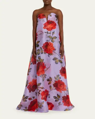 Carolina Herrera Plunging Strapless Rosette-Print Silk Chiffon Gown | Thumbnail 2 Carolina Herrera Plunging Strapless Rosette-Print Silk Chiffon Gown | Thumbnail 2