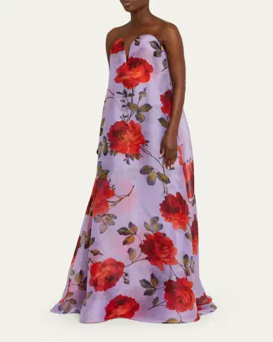 Carolina Herrera Plunging Strapless Rosette-Print Silk Chiffon Gown | Thumbnail 4 Carolina Herrera Plunging Strapless Rosette-Print Silk Chiffon Gown | Thumbnail 4