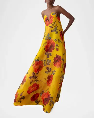 Carolina Herrera Plunging Strapless Rosette-Print Silk Chiffon Gown | Thumbnail 8 Carolina Herrera Plunging Strapless Rosette-Print Silk Chiffon Gown | Thumbnail 8