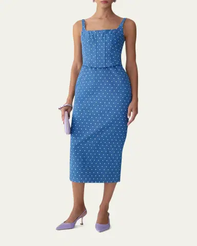 Carolina Herrera Polka-Dot Denim Corset Midi Dress | Thumbnail 2 Carolina Herrera Polka-Dot Denim Corset Midi Dress | Thumbnail 2