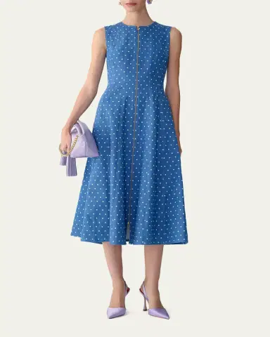 Carolina Herrera Sleeveless Polka-Dot Denim Zip-Front Midi Dress | Thumbnail 2 Carolina Herrera Sleeveless Polka-Dot Denim Zip-Front Midi Dress | Thumbnail 2