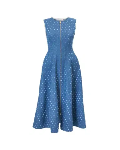 Carolina Herrera Sleeveless Polka-Dot Denim Zip-Front Midi Dress | Thumbnail 1 Carolina Herrera Sleeveless Polka-Dot Denim Zip-Front Midi Dress | Thumbnail 1