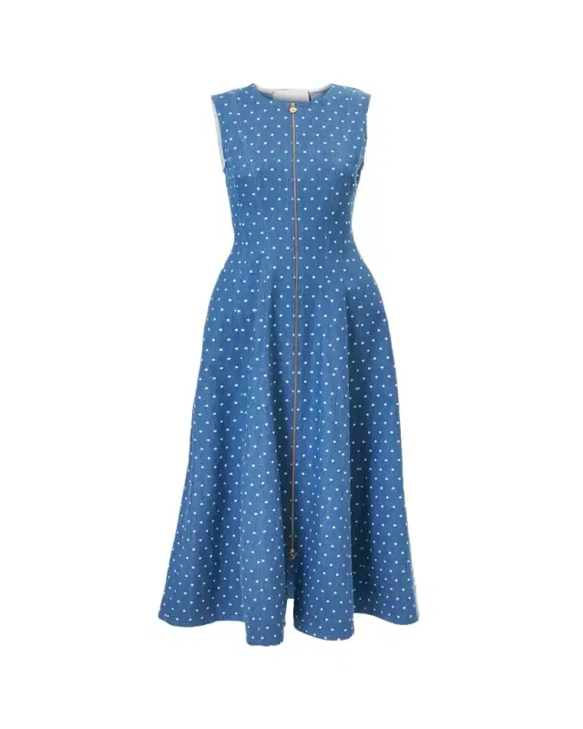 Carolina Herrera Sleeveless Polka-Dot Denim Zip-Front Midi Dress