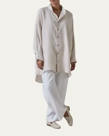 Eskandar Wide A-Line Collarless Classic Shirt - Long Plus Length | Thumbnail 2 Eskandar Wide A-Line Collarless Classic Shirt - Long Plus Length | Thumbnail 2