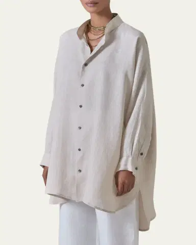 Eskandar Wide A-Line Collarless Classic Shirt - Long Plus Length | Thumbnail 4 Eskandar Wide A-Line Collarless Classic Shirt - Long Plus Length | Thumbnail 4
