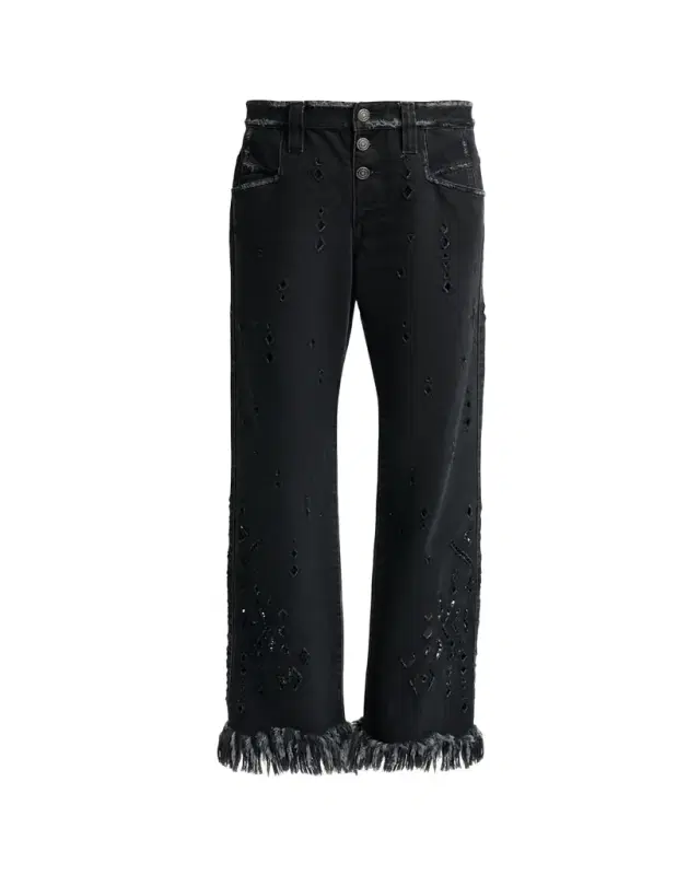 Amia Distressed Eyelet Straight-Leg Denim Pants