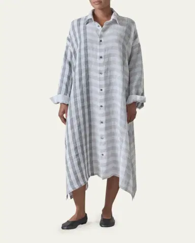 Eskandar Striped Linen Wide A-Line Shirt Dress With Collar | Thumbnail 2