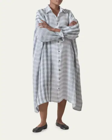 Eskandar Striped Linen Wide A-Line Shirt Dress With Collar | Thumbnail 4