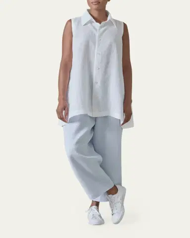 Eskandar Side Pleated Sleeveless Shirt With Collar - Long Length | Thumbnail 6 Eskandar Side Pleated Sleeveless Shirt With Collar - Long Length | Thumbnail 6