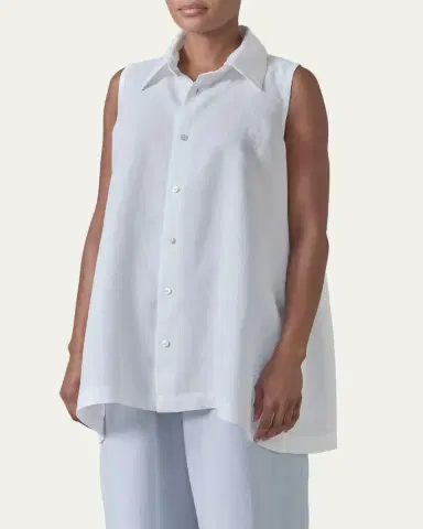 Eskandar Side Pleated Sleeveless Shirt With Collar - Long Length | Thumbnail 8 Eskandar Side Pleated Sleeveless Shirt With Collar - Long Length | Thumbnail 8