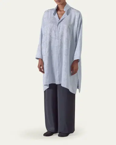Eskandar Wide A-Line Double Stand Collar Shirt - Very Long Length With Slits | Thumbnail 2 Eskandar Wide A-Line Double Stand Collar Shirt - Very Long Length With Slits | Thumbnail 2