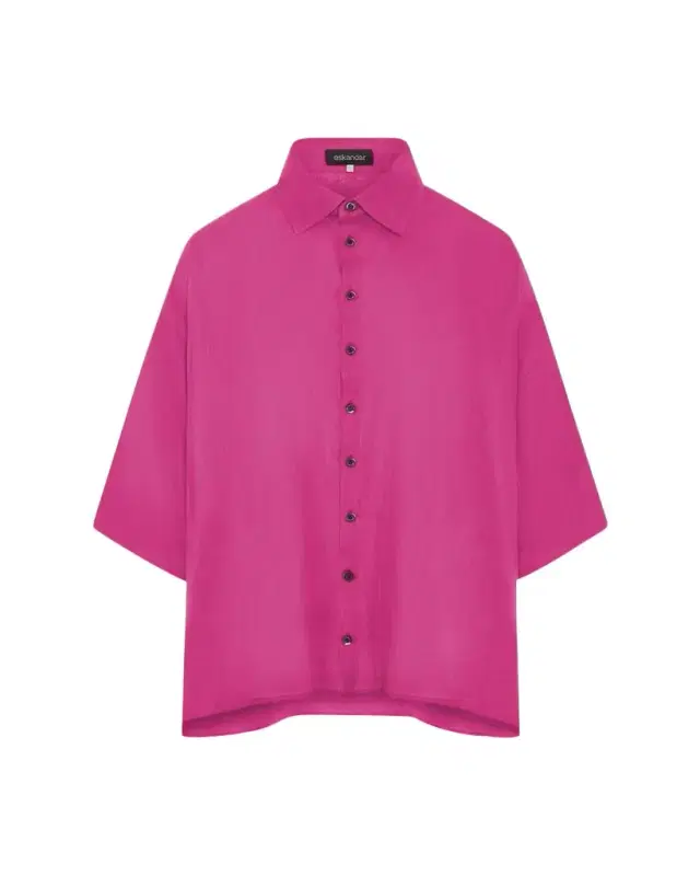 Eskandar Sloped Shoulder Wide A-Line Short Sleeve Shirt With Collar - Mid Length