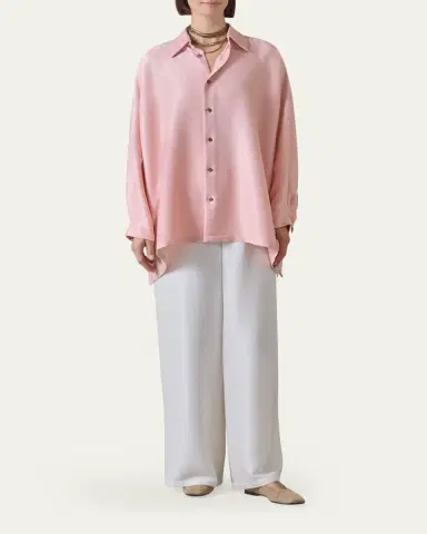 Eskandar Lightweight Silk Plisse Wide A-Line Shirt With Collar - Mid Plus Length | Thumbnail 2