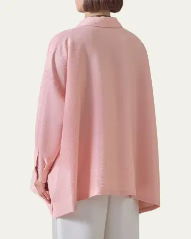 Eskandar Lightweight Silk Plisse Wide A-Line Shirt With Collar - Mid Plus Length | Thumbnail 3