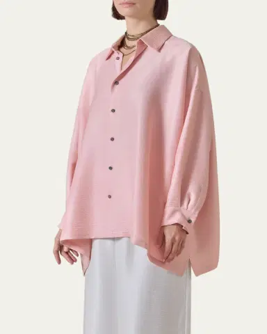 Eskandar Lightweight Silk Plisse Wide A-Line Shirt With Collar - Mid Plus Length | Thumbnail 4