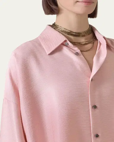 Eskandar Lightweight Silk Plisse Wide A-Line Shirt With Collar - Mid Plus Length | Thumbnail 5