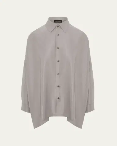 Eskandar Lightweight Silk Plisse Wide A-Line Shirt With Collar - Mid Plus Length | Thumbnail 6