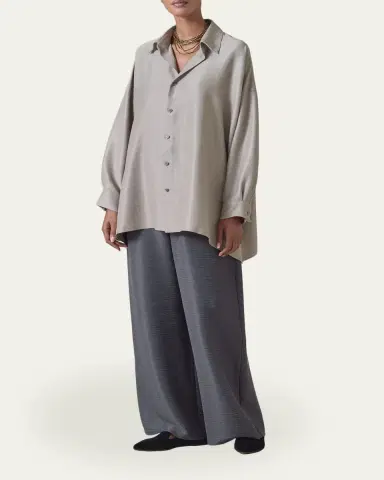 Eskandar Lightweight Silk Plisse Wide A-Line Shirt With Collar - Mid Plus Length | Thumbnail 7