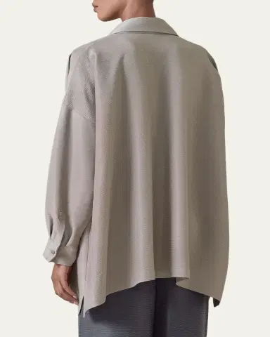 Eskandar Lightweight Silk Plisse Wide A-Line Shirt With Collar - Mid Plus Length | Thumbnail 8