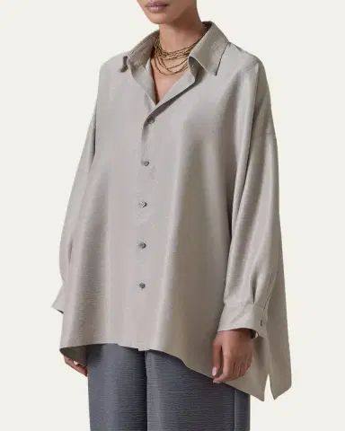 Eskandar Lightweight Silk Plisse Wide A-Line Shirt With Collar - Mid Plus Length | Thumbnail 9