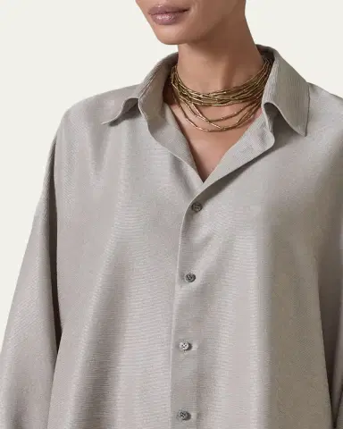 Eskandar Lightweight Silk Plisse Wide A-Line Shirt With Collar - Mid Plus Length | Thumbnail 10