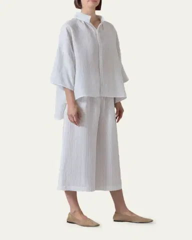 Eskandar Sloped Shoulder Wide A-Line Pleated Collar Short Sleeve Shirt - Mid Length | Thumbnail 2