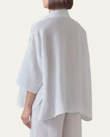 Eskandar Sloped Shoulder Wide A-Line Pleated Collar Short Sleeve Shirt - Mid Length | Thumbnail 3