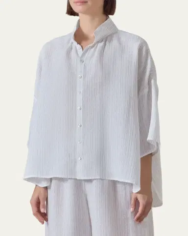 Eskandar Sloped Shoulder Wide A-Line Pleated Collar Short Sleeve Shirt - Mid Length | Thumbnail 4