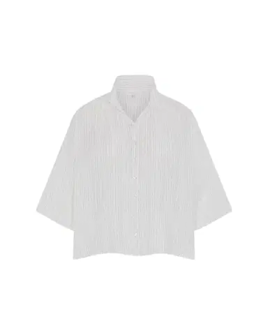 Eskandar Sloped Shoulder Wide A-Line Pleated Collar Short Sleeve Shirt - Mid Length | Thumbnail 1