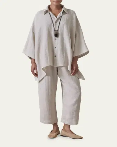 Eskandar Metallic Linen DPS Short Sleeve Shirt With Collar - Mid Plus Length | Thumbnail 2 Eskandar Metallic Linen DPS Short Sleeve Shirt With Collar - Mid Plus Length | Thumbnail 2