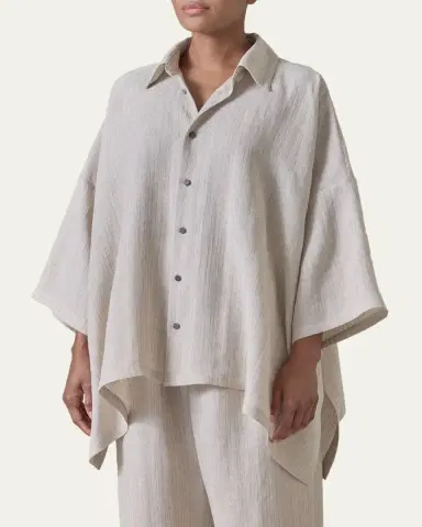 Eskandar Metallic Linen DPS Short Sleeve Shirt With Collar - Mid Plus Length | Thumbnail 4 Eskandar Metallic Linen DPS Short Sleeve Shirt With Collar - Mid Plus Length | Thumbnail 4