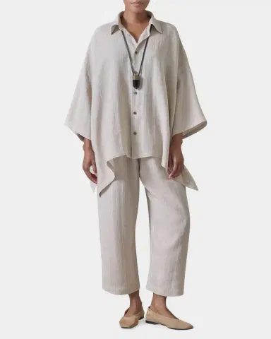 Eskandar Metallic Linen DPS Short Sleeve Shirt With Collar - Mid Plus Length | Thumbnail 5 Eskandar Metallic Linen DPS Short Sleeve Shirt With Collar - Mid Plus Length | Thumbnail 5