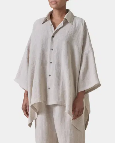 Eskandar Metallic Linen DPS Short Sleeve Shirt With Collar - Mid Plus Length | Thumbnail 7 Eskandar Metallic Linen DPS Short Sleeve Shirt With Collar - Mid Plus Length | Thumbnail 7