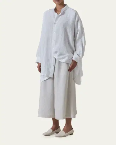 Eskandar Metallic Linen Wide A-Line Collarless Shirt - Long Plus Length | Thumbnail 2 Eskandar Metallic Linen Wide A-Line Collarless Shirt - Long Plus Length | Thumbnail 2