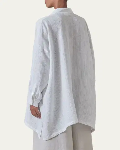 Eskandar Metallic Linen Wide A-Line Collarless Shirt - Long Plus Length | Thumbnail 3 Eskandar Metallic Linen Wide A-Line Collarless Shirt - Long Plus Length | Thumbnail 3