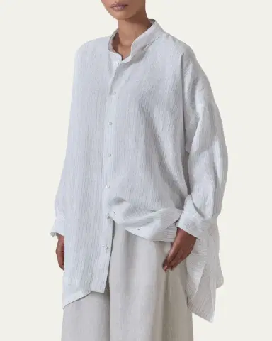 Eskandar Metallic Linen Wide A-Line Collarless Shirt - Long Plus Length | Thumbnail 4 Eskandar Metallic Linen Wide A-Line Collarless Shirt - Long Plus Length | Thumbnail 4