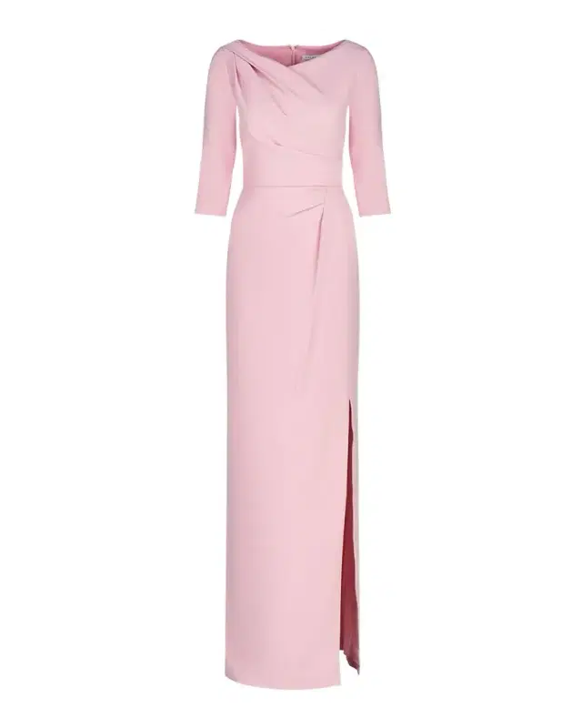Kay Unger New York Margerite Pleated Side-Slit Column Gown