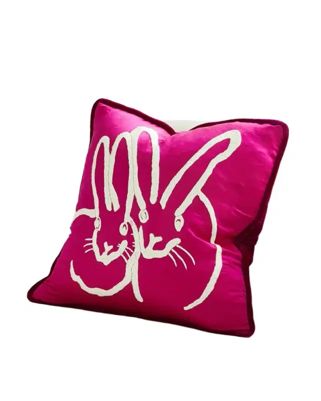 Hunt Slonem Hand-Embroidered Silk Bunny Pillow, Pink