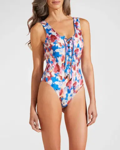 Vilebrequin Flowers In The Sky Jersey Lace-Up One-Piece Swimsuit | Thumbnail 2 Vilebrequin Flowers In The Sky Jersey Lace-Up One-Piece Swimsuit | Thumbnail 2