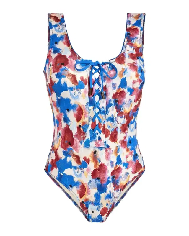Flowers In The Sky Jersey Lace-Up One-Piece Swimsuit