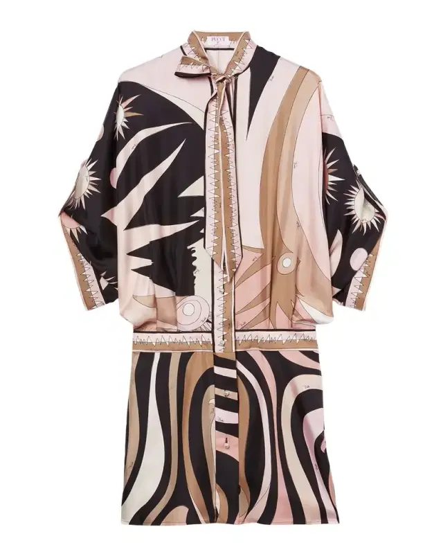 Marmo Silk Neck-Tie 3/4-Sleeve Mini Shirtdress